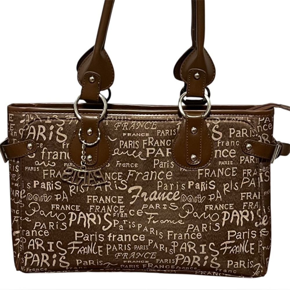 Paris stylish Brown script Print vegan leather souvenir handbag from France